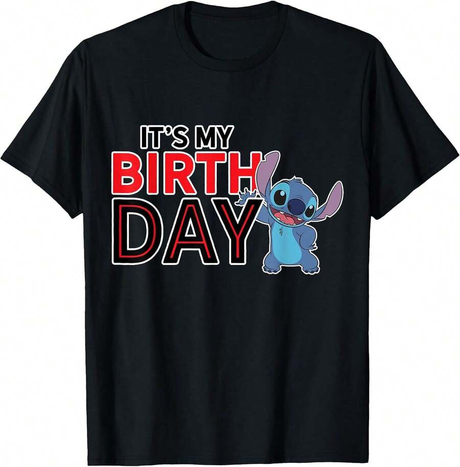 LILOS & STITCHS - Happy Birthday T-Shirt Couple Outfit, Parent-Child Outfit, Family Outfit,Tops For Women,T Shirts For Men,Girls Clothes,Boys Clothes,Holiday Outfits For Women,Summer Holiday Outfits,Summer Tops,Summer Clothes,Gym T Shirt,Girls Holiday - Black - View 1
