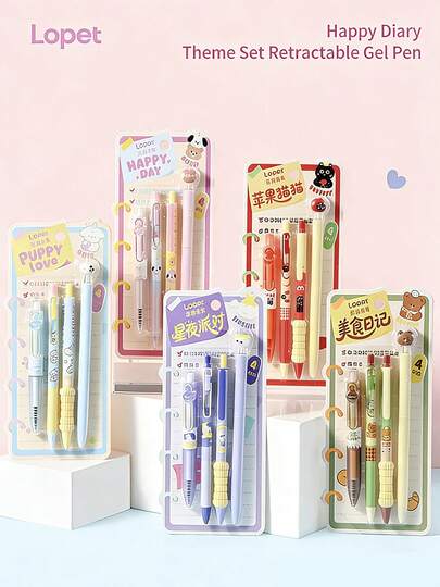 4pcs Happy Diary Style Retractable Gel Pen Set, High Appearance, Smooth ST Tip Quick-Dry Ink, 4 Unique Designs, Ideal Gift For Friends