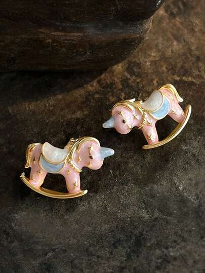 一对925纯银镀18K金珐琅独角兽耳环，可爱独角兽耳环，简约风格，适合派对、日常佩戴，亦可作为复活节/宰牲节礼物。