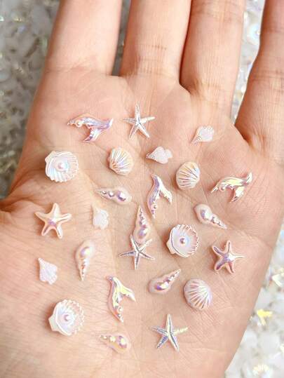 30Pcs Random Mixed ABS Iridescent Ocean Nail Charms - 3D White Aurora Shell Starfish Dolphin Shiny Nail Art Decorations For Manicure DIY Craft Jewelry Making