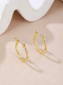 1对时尚简约纹理设计金色不锈钢圈形耳环，优雅耐用，适合女性日常佩戴 - 金色 - 查看 1