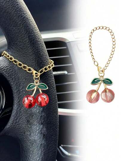 1 Pc Sweet Cherry Pendant, Kawaii Car Steering Wheel Decorative Chain, Car Interior Pendant, Beautiful Cherry Color Car Rearview Mirror Suspension Decoration, Fashion Accessories, Indoor Men's And Women's Car Accessories, Suitable For Car Decoration, Bag Pendant, Luggage, Earphone Pendant; Adjustable Chain, Durable Alloy, Not Easy To Fade Or Fall Off. Unique Gifts - Christmas, Thanksgiving, New Year's Gifts, Driver's Family, Friends, Loved Ones' Birthday Gifts.