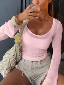 Fashionable Semi-Sheer Pullover Knit Top Pink - Pink - View 1