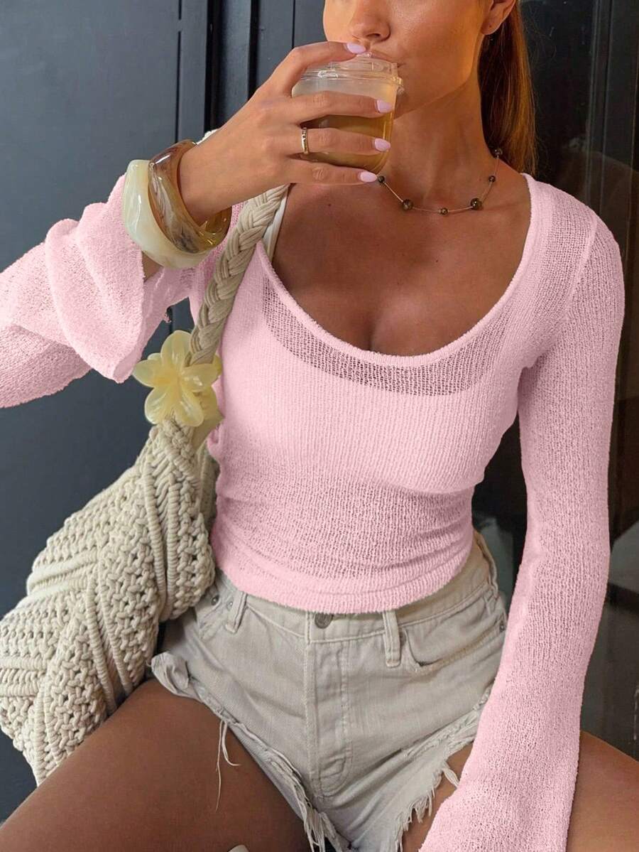 Fashionable Semi-Sheer Pullover Knit Top Pink - Pink - View 1