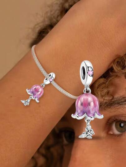 1件时尚925纯银铃兰吊坠珠，适合女士手链、手镯、DIY首饰制作以及日常穿搭搭配，是女孩的理想饰品。