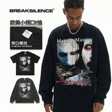 Nueva y popular camiseta vintage de manga corta de Marilyn Manson para hombre y mujer, estilo retro americano con efecto desgastado, camiseta de algodón puro para  internacional. - Camisa negra de manga corta (cuello pequeño) - Ver 3