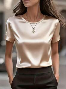 女士优雅圆领缎面短袖衬衫，适合春夏穿着 - 香檳色 - 查看 7