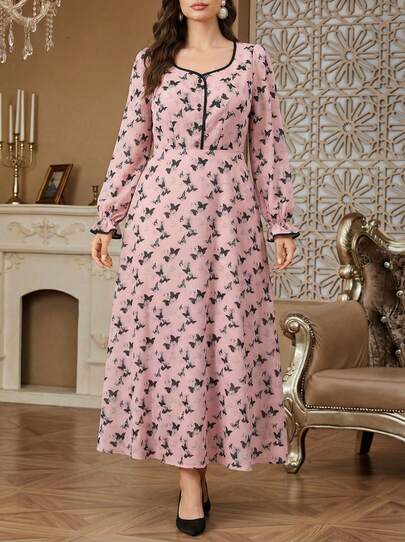 Solessence Butterfly Print Color Block Button Front Dress, Suitable For Home, Wedding, Formal Occasions, And Daily Wear