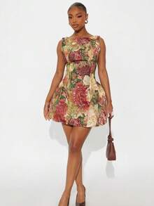 Elegant Temperament Commuting Style Women's Oil Painting Style Printed Jacquard Round Neck Sleeveless Waist Cinching Slimming Dress - 紅色 - 查看 1
