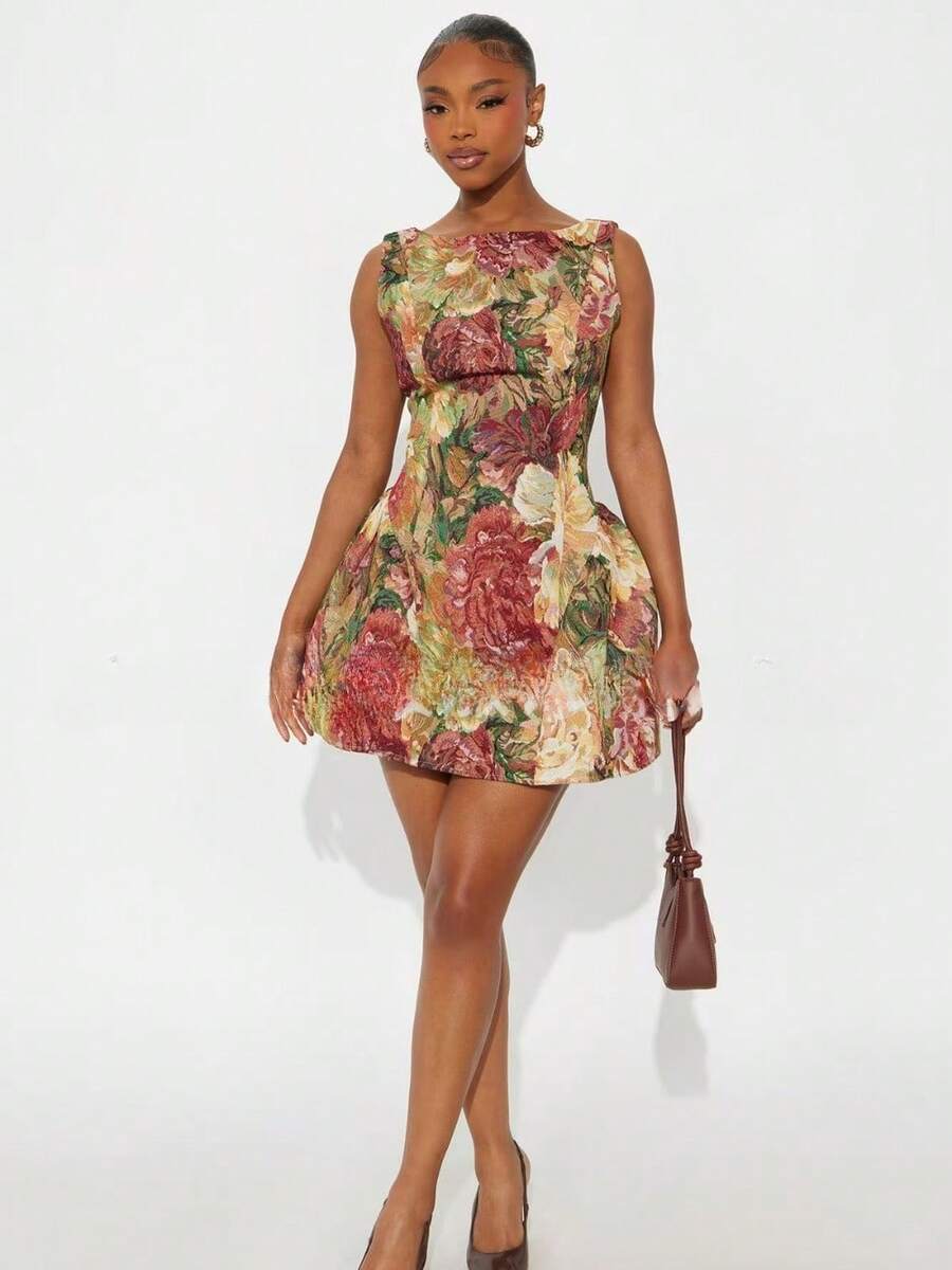 Elegant Temperament Commuting Style Women's Oil Painting Style Printed Jacquard Round Neck Sleeveless Waist Cinching Slimming Dress - 紅色 - 查看 1