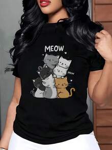 Grupo de tiernos gatos abrazándose simboliza  y cariño mostrando la unión y la tranquilidad que transmiten los felinos suaves camiseta de mujer 220g casual cómoda para uso diario - Negro - Ver 1