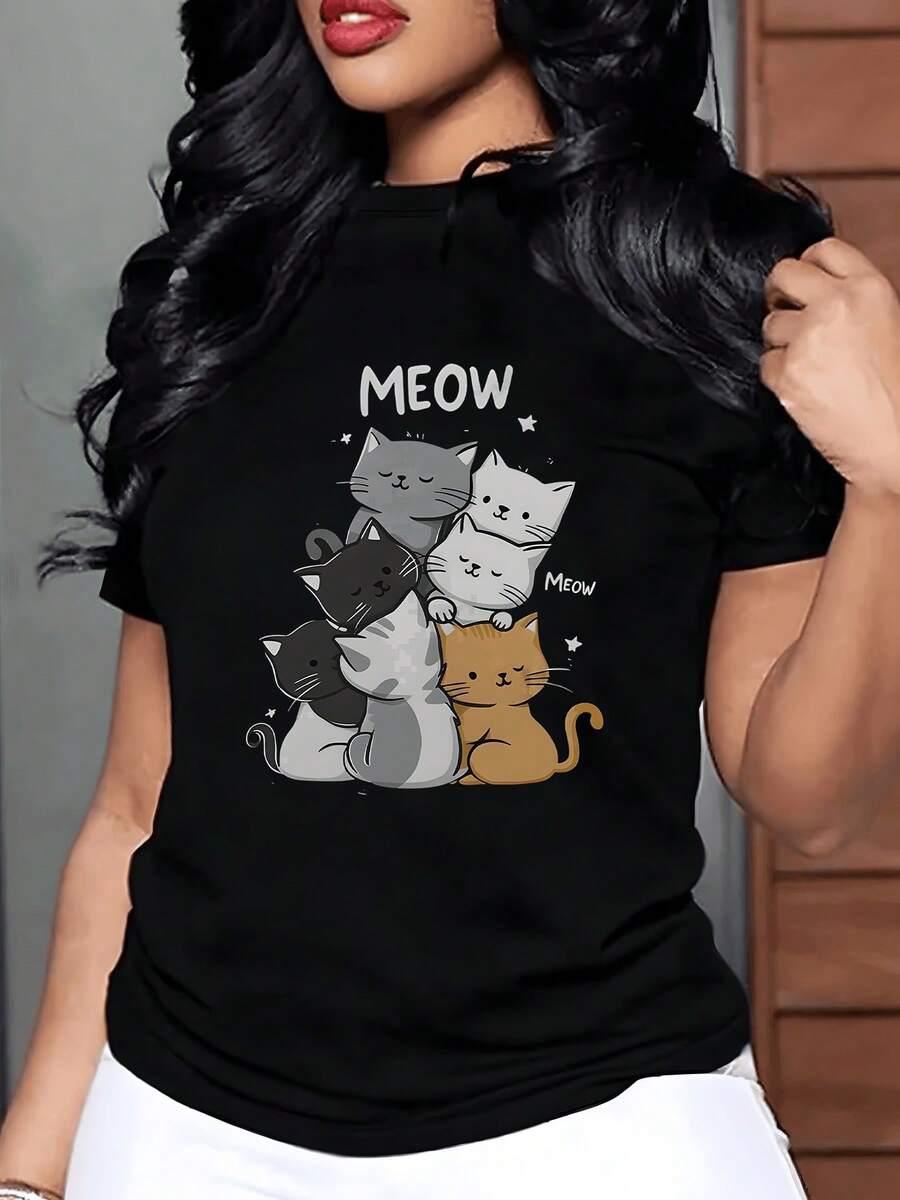Grupo de tiernos gatos abrazándose simboliza y cariño mostrando la unión y la tranquilidad que transmiten los felinos suaves camiseta de mujer 220g casual cómoda para uso diario - Negro - Ver 1