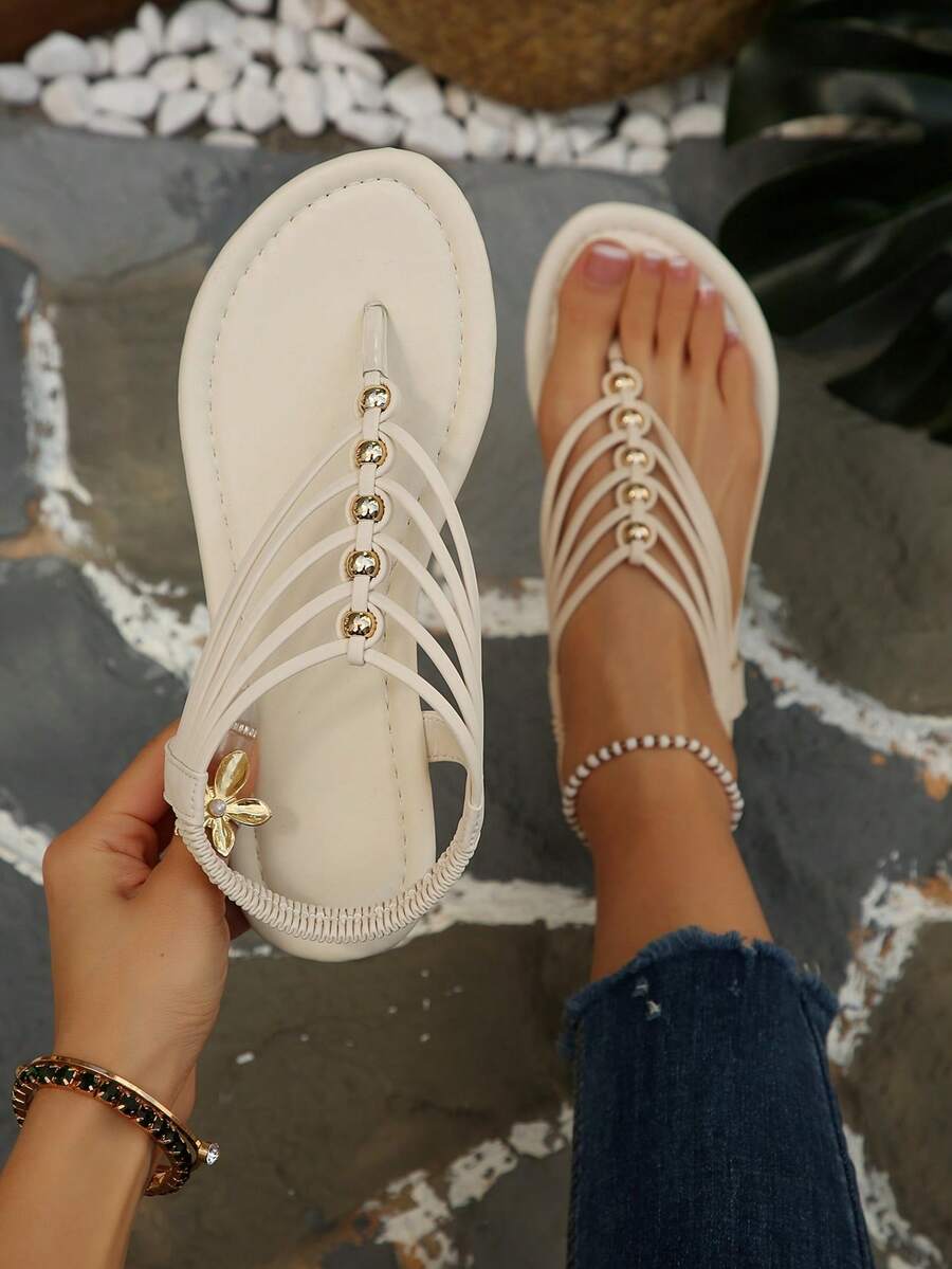 经典、舒适、时尚的女士平底人字拖、凉鞋 - 米色 - 查看 1