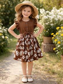 女童甜美公主连衣裙，咖啡色罗纹短袖，喇叭袖设计，前襟纽扣装饰，蝴蝶结腰带，印花喇叭裙摆，适合生日及日常穿着 - 咖啡棕 - 查看 3