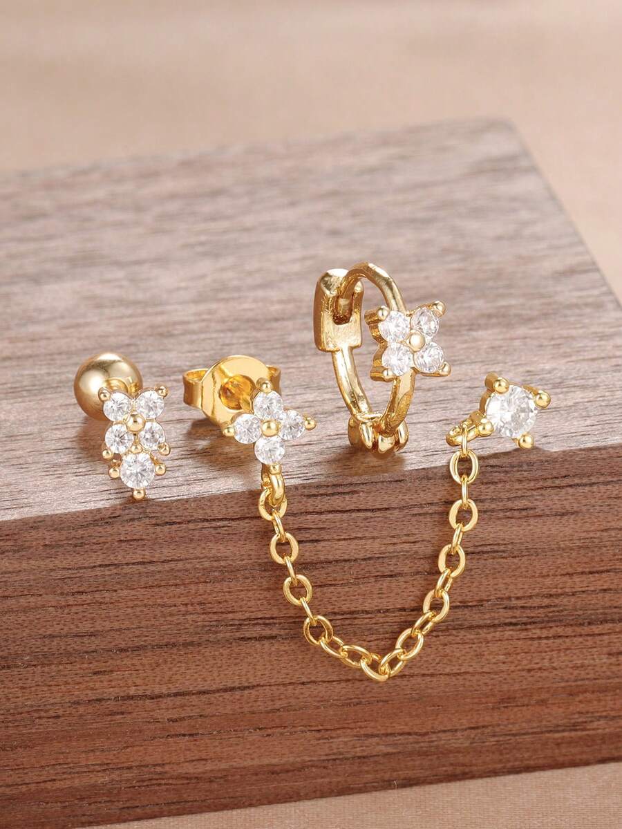 3件套流苏链锆石耳钉套装，18K金不锈钢花朵耳钉，美观饰品 - 3PCS-金 - 查看 1