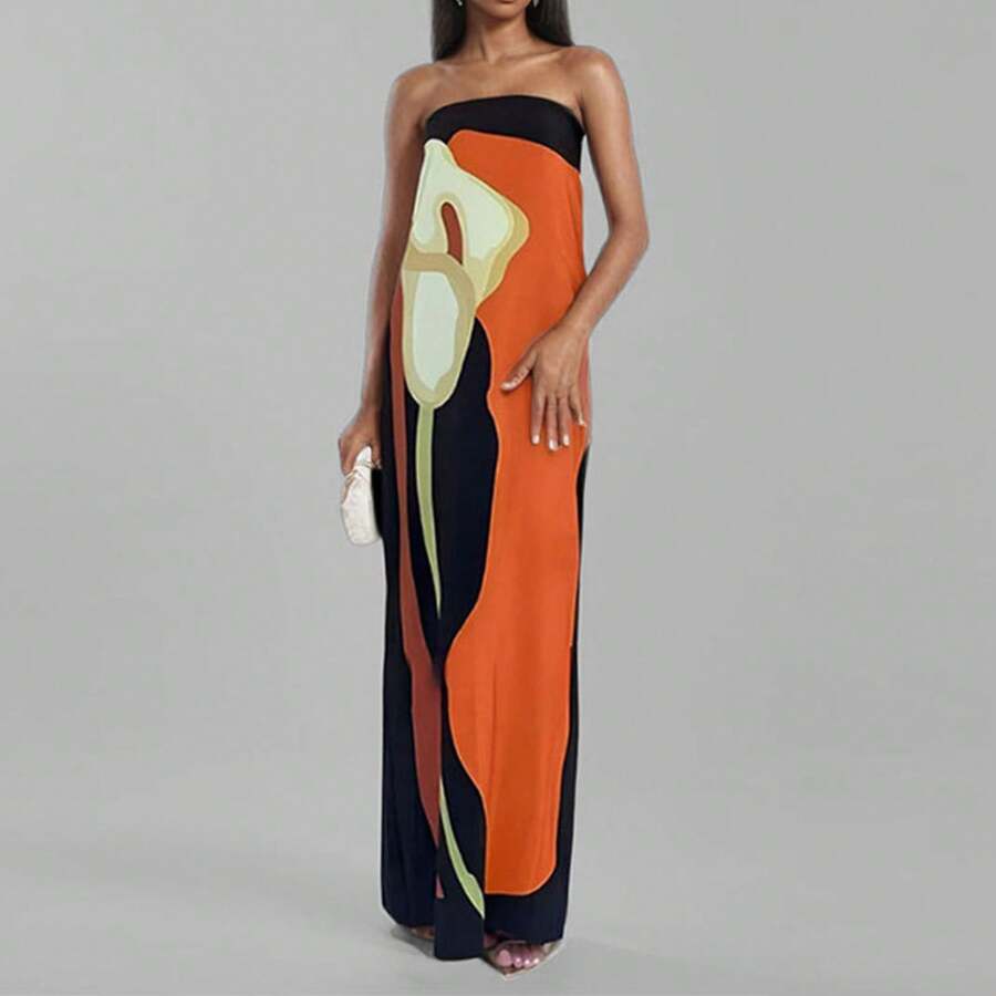 2026 Women Spring Summer Dress European American Style Off The Shoulder Strapless Sexy Backless Print Floral Beach Party Evening Mini Dress - 橘色 - 查看 1