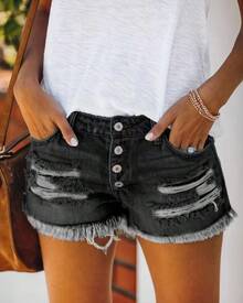 2026 Women Denim Shorts High Waist Ripped Jeans With Tassel Decoration Straight Buttons European American Style Summer Casual Fashion - 黑色 - 查看 10