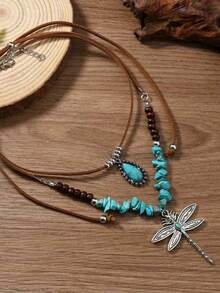 2pcs Bohemian Style Women's Fashion Pendant Necklace, Asymmetrical Stone Inlaid Wooden Bead Chain With Dragonfly Decor, PU Leather Material, Suitable For Festivals, Parties And Casual Outfits - Silver - View 2