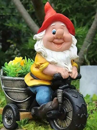 1 Fun Garden Gnome Statue Riding A Tricycle, Funny White-Bearded Dwarf Made Of Resin For Outdoor Decoration, Unique Lawn Ornaments