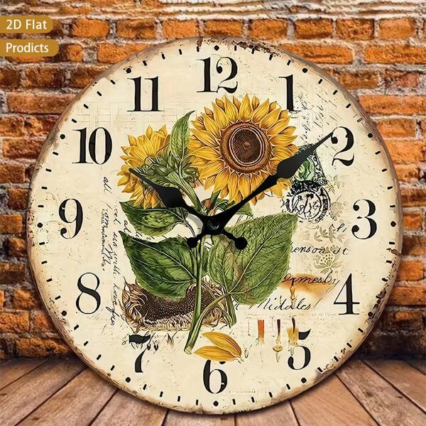 1 Piece Vintage Sunflower Wall Clock, Large 12inch / 10inch Large Dial - Silent, No Ticking Sound, Battery-Powered (AA Batteries Not Included) - Wooden Frame With Sunflower Pattern And Digital Hands, Suitable For Nursery, Room, Kitchen, Bedroom