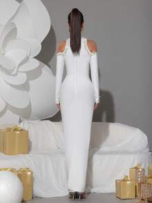 Elegant Black High Neck Off-Shoulder Fitted Long Evening Gown, Decorated With Pearl And Rhinestone On Sleeves, Suitable For Party, Wedding And Other Occasions - White - View 9