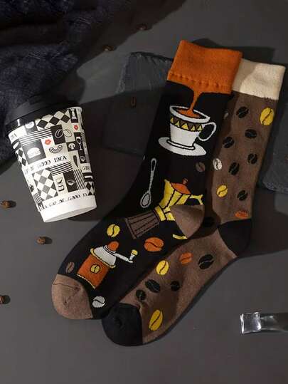 1 par de calcetines de media pantorrilla con patrón asimétrico con tema de café para hombres, diseño de moda creativo y de alta calidad, transpirables y que absorben la humedad, adecuados para deportes, uso casual y estilo callejero, ideal para regalos festivos y uso diario