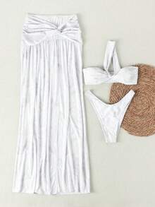 女士春夏新款海滩度假约会派对白色纯色性感优雅休闲比基尼泳衣套装，含罩衫和迷你裙 - 白色 - 查看 2