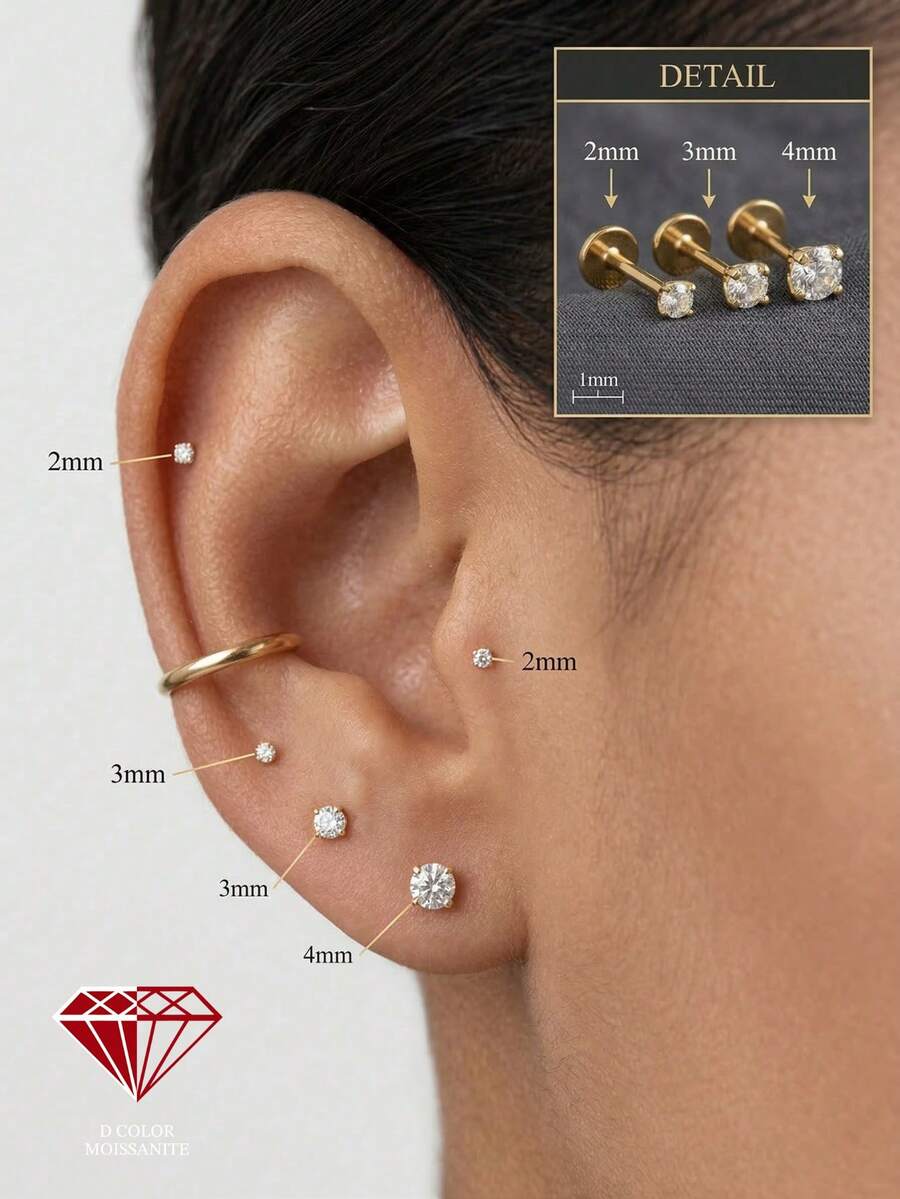 EleRunis 1pc 0.1 Carat Moissanite 925 Sterling Silver 4-Prong Setting 2/3/4mm Flat Bottom Cartilage Earring, Delicate Jewelry For Daily Wear, Wedding, Party, Engagement, Anniversary, Valentine's Day - Gold - View 1