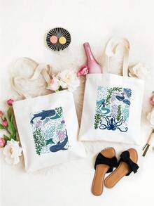 海洋生物印花帆布手提袋，轻便可重复使用，适合泳池度假日常必备 - 彩色 - 查看 8
