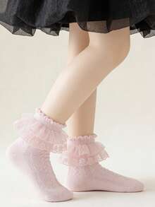 6 Pairs Cotton Solid Color Children Lace Ruffle Dance Princess Fashion Versatile Party Socks - Multicolor - View 3