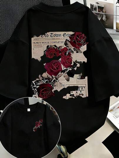 Women's Retro Rose And Newspaper Cartoon Letter Pattern Prints On The Street, Korean-Style Comfortable Retro Fashion Commuting Versatile Y2k Women's Clothing, Regular Niche Punk Style Black Round-Neck Short-Sleeved T-Shirt, Retro Series Comfortable T-Shirt, Easily Create Retro Casual Wear, Suitable For Daily Commuting, Leisure Outings, Daily Outfits, Classic Retro Style Women's Clothing