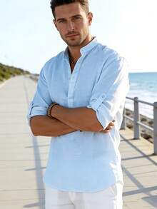 Men's Cotton Linen Long-Sleeved Shirt - Blue - View 3
