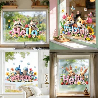 1 adet Çizgi Film Hayvan ve Çiçek Desenli Pencere Çıkartması, Oturma Odası, Yatak Odası, Yemek Odası, Çalışma Odası, Banyo, Kapı, Pencere Camı Dekorasyonu için Yaratıcı Kendin Yap Çıkarılabilir Çift Taraflı Şeffaf PVC Statik Yapışkanlı Çıkartma