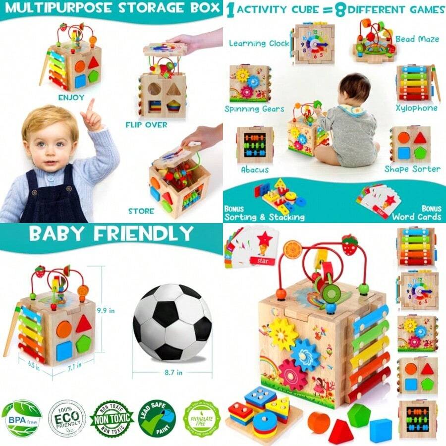 CdbdfsWooden Activity Cube 8-In-1 Montessori Baby Toys For 1+ Year Old Boys Girls Educational Learning Toys For Toddlers Age 1-2 1st Birthday Gift Bonus Sorting Stacking Boardfhrsdf - Blue - View 1
