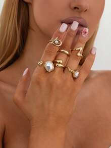 6pcs/Set Elegant Geometric Asymmetric Faux Pearl Inlaid Metallic Stackable Rings Set, Luxurious Chic For Wedding, Party, Vacation, Daily Casual, Street Style, Women & Couples Gift - Ring - View 8