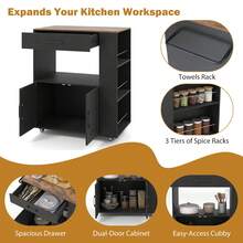 COSTWAY Kitchen Island Cart With Storage, Rolling Kitchen Island On Wheels With Large Drawer, 2-Door Cabinet, Towel Rack & 3-Tier Spice Racks, Mobile Kitchen Cart For Dining Room, Black - Black - View 2
