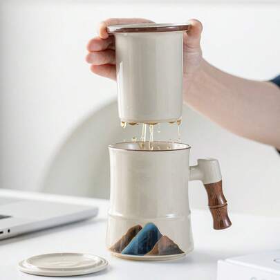 1pc Ceramic Mug With Tea Infuser, Office Tea Cup With Lid And Bamboo Handle