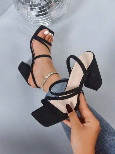 New Square Toe Retro Strap Thick Heels Gladiator Sandals For Women, Open Toe Ankle Strap Sandals, Chunky Heel Summer Beach Party Dress Shoes