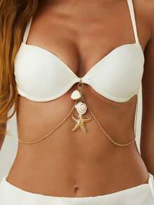 1pc Bohemian Style Shell & Starfish Pendant Tassel Sexy Bikini Body Chain, Women Summer Beach Holiday Body Jewelry - Golden - View 2