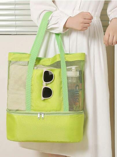 可折叠双层网眼沙滩包，配有可调节肩带，干湿分离设计，隔热层，便携式瑜伽健身收纳包，成人旅行游泳手提包，适合沙滩使用，健身毛巾包 | 手提包 | 沙滩旅行收纳包，带隔层，旅行必备，适合学校假期返校用品，防水洗漱包