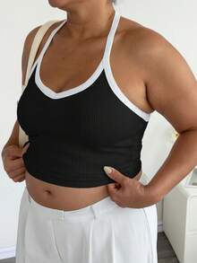 Plus Size Sexy Minimalist Ribbed Spaghetti Strap Fitted Camisole, Suitable For Daily, Commute, Street, Date, Workout Casual Summer - Black and White - View 6