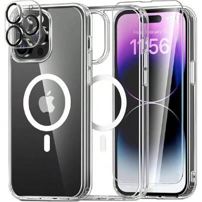 Kit 3 en 1 Compatible con , Funda Transparente Antiamarilla Compatible con Magsafe + Protector de Pantalla + Mica para Cámara, Protección Completa ( 15 Pro),43457068