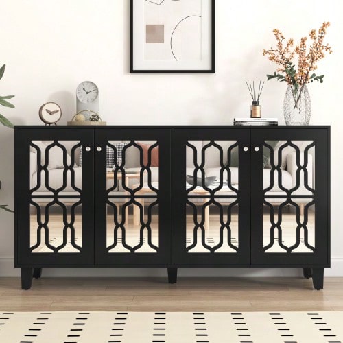 Schwarz Verspiegelte Anrichte Mit Kühlen Kristallgriffen, Vier Türen, Mit Beweglichem Laminat.Für Wohn- Und Esszimmer, 160 X 40 X 84cm