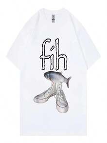 New Style Hot  Fih Shoes Graphic T Shirts Funny Misspelled Fish Meme T-Shirts Men Women Casual Fashion Short Sleeve T-Shirt - 白色 - 查看 1