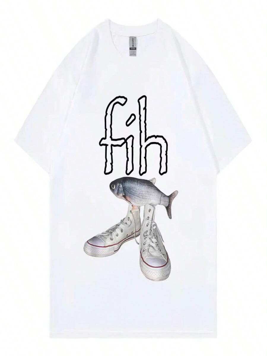 New Style Hot Fih Shoes Graphic T Shirts Funny Misspelled Fish Meme T-Shirts Men Women Casual Fashion Short Sleeve T-Shirt - 白色 - 查看 1