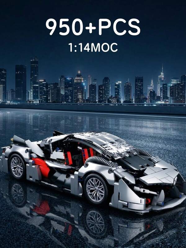 950 piezas Supercar Kit de construcción plateado 1:14 Modelo de carreras realista