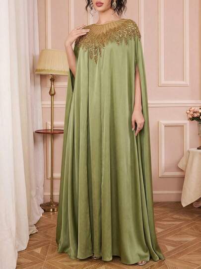 Solessence 奢华绿色端庄长袍，金色亮片装饰，缎纹面料，派对长袍，长袍，长袍（超大尺码 - 请查看尺码表）