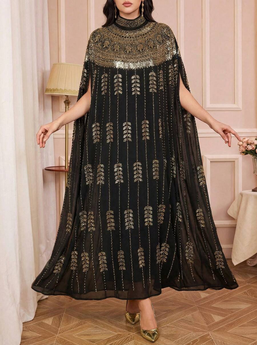 Solessence 优雅长款阿巴雅，饰有金色串珠和刺绣细节，蝙蝠袖，立领，黑色梭织面料，无弹力 - 黑色 - 查看 1