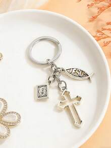 Street Style Single Cross Bible Pendant Keychain Car Accessories Bag Charm Campus Cute Gothic Y2k - Antique Silver - View 2