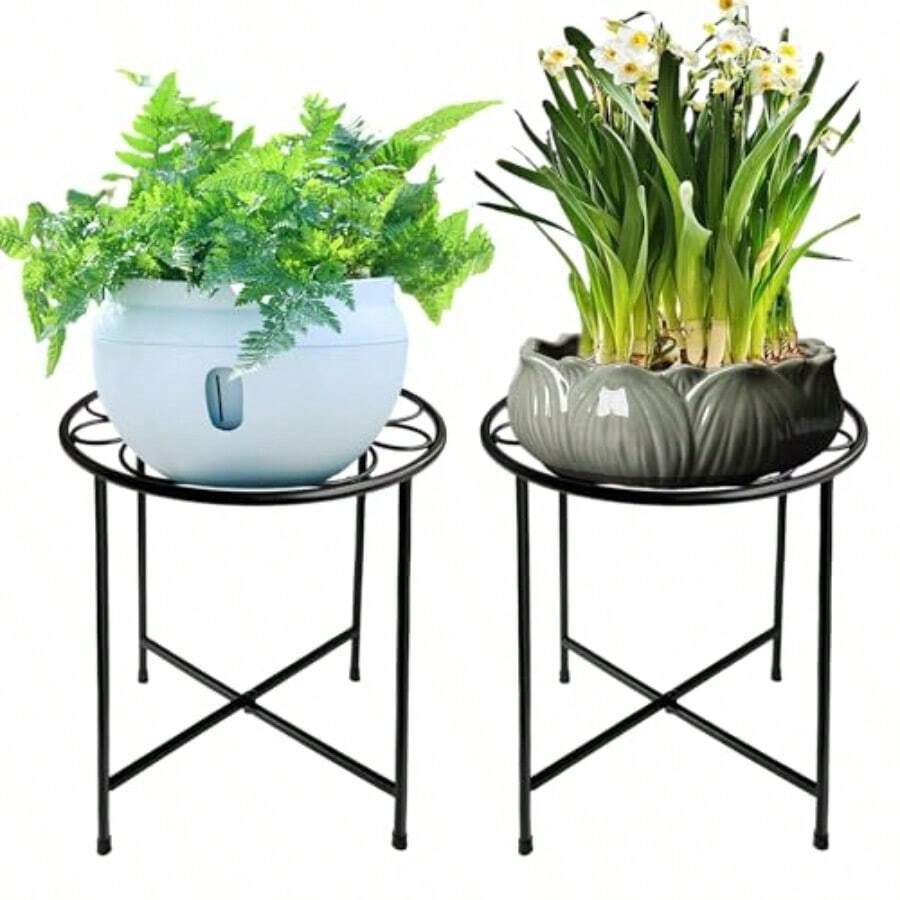 Soporte para plantas paquete de 2 soportes redondos para plantas para interiores y exteriores diseño retro de 15 pulgadas de alto soporte para plantas de interior patio jardín decoración del hogar color negro - negro - Ver 1
